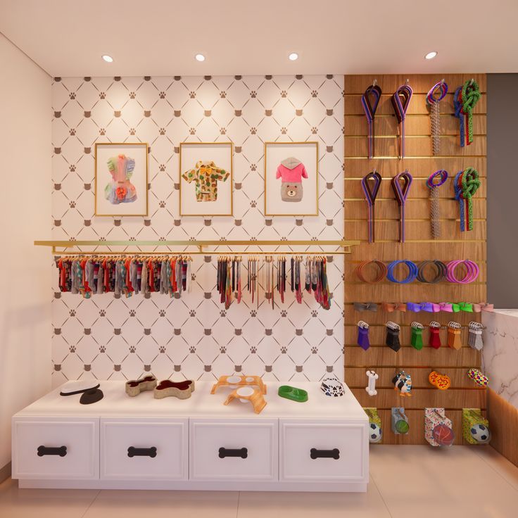 a shoe store with lots of shoes and accessories on the shelves, along with wall hangings