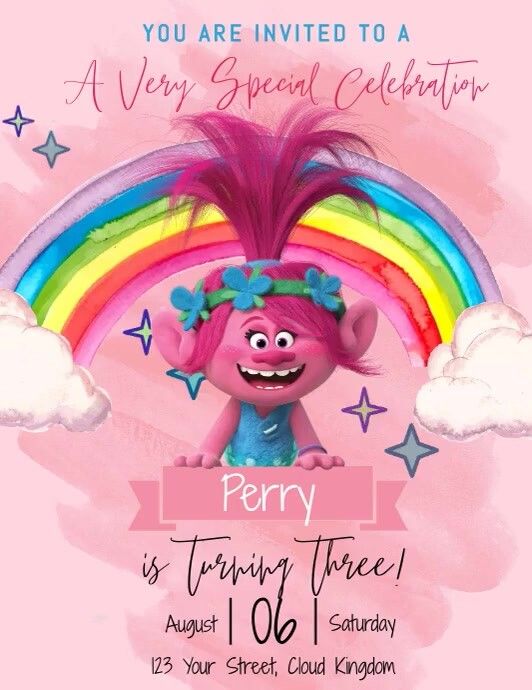 a pink troll birthday party with rainbows and stars on the side, and an image of