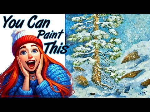 a painting of a girl with red hair in front of a snowy tree and the words, you can paint this