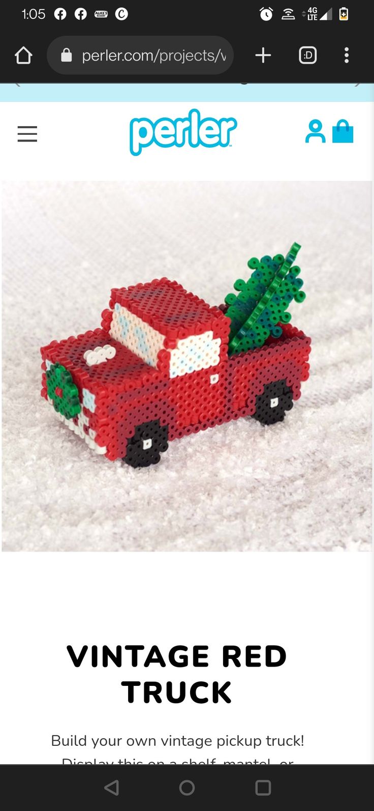 a red truck with a christmas tree on the back is featured in perler's vintage red truck