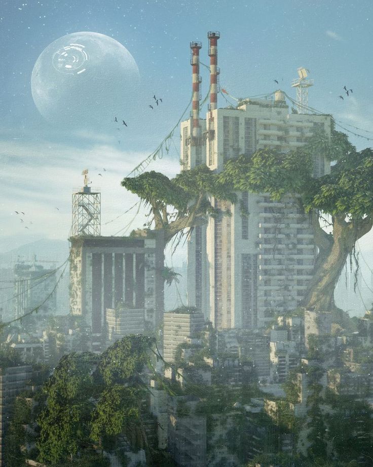 a futuristic city with tall buildings and trees in the foreground