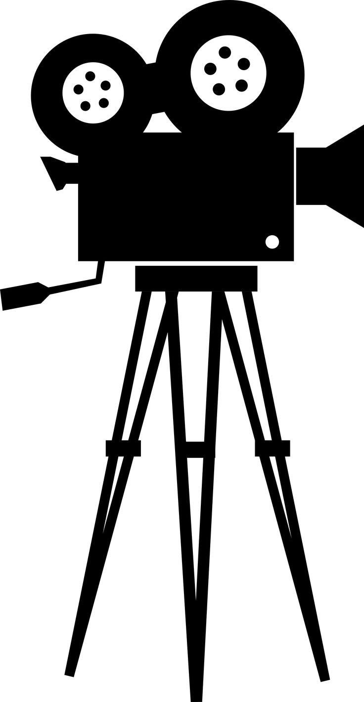 a black and white silhouette of a movie camera on a tripod with the film reel attached to it