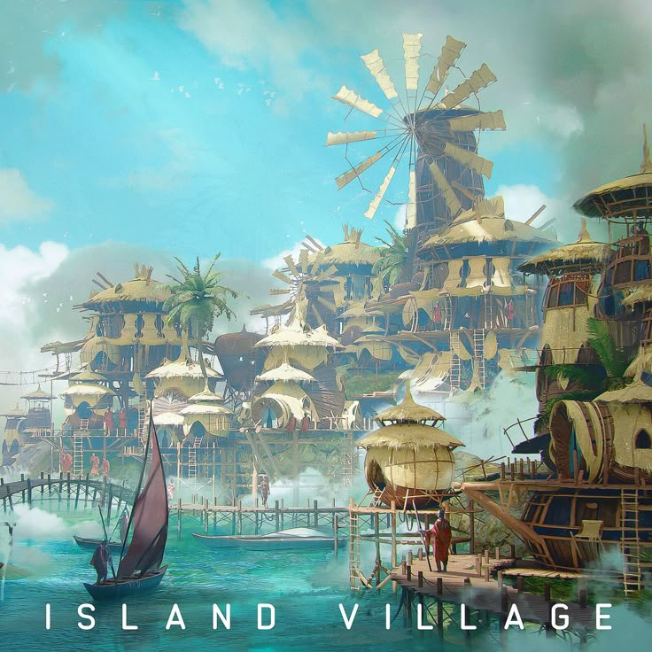 the island village is surrounded by boats, windmills and other structures that are floating in the water