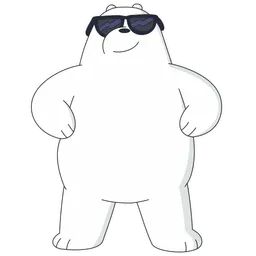 a cartoon bear with sunglasses on it's head and arms, standing in front of a white background