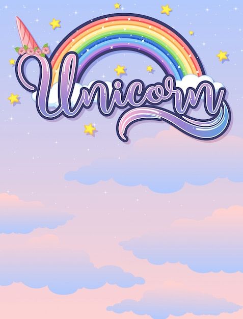 the word unicorn is in front of a sky with stars and rainbows on it