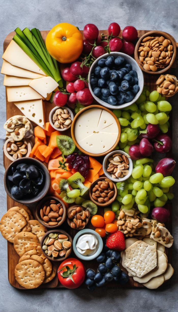 an assortment of cheeses, crackers, fruit and nuts on a wooden platter