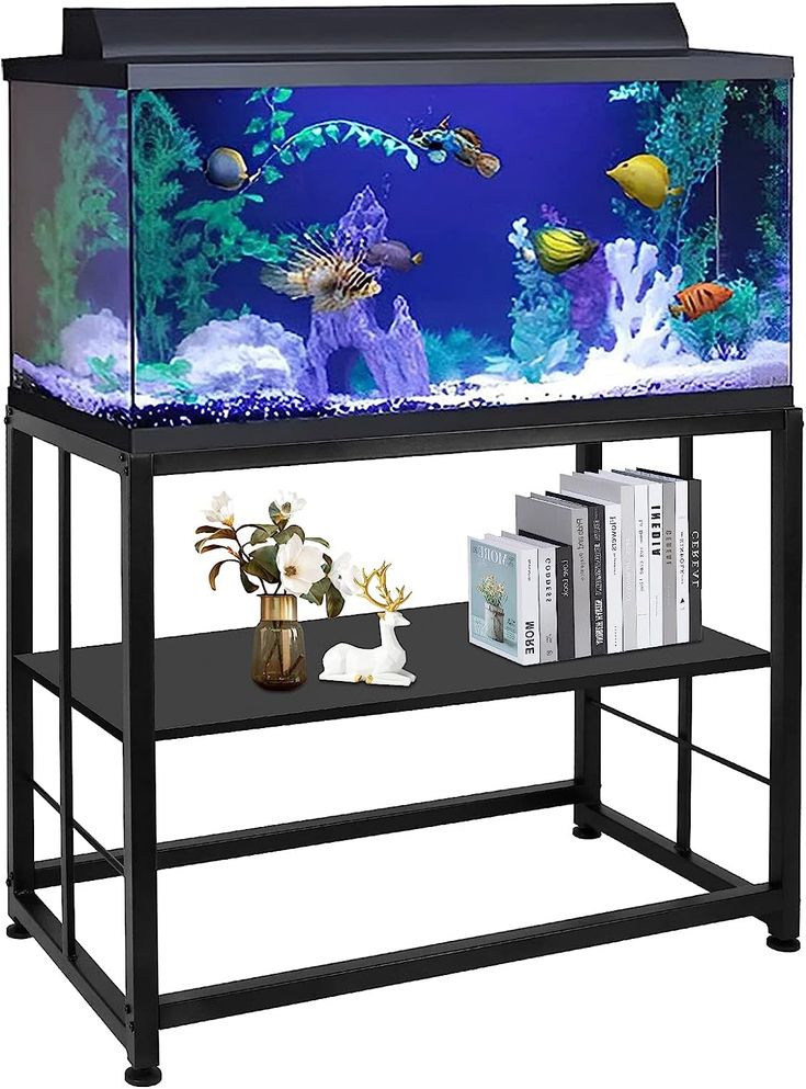 a fish tank is on top of a shelf