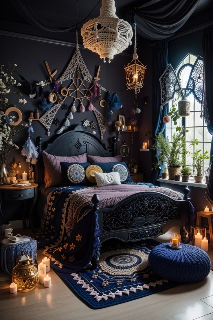 a bed room with a neatly made bed and lots of candles