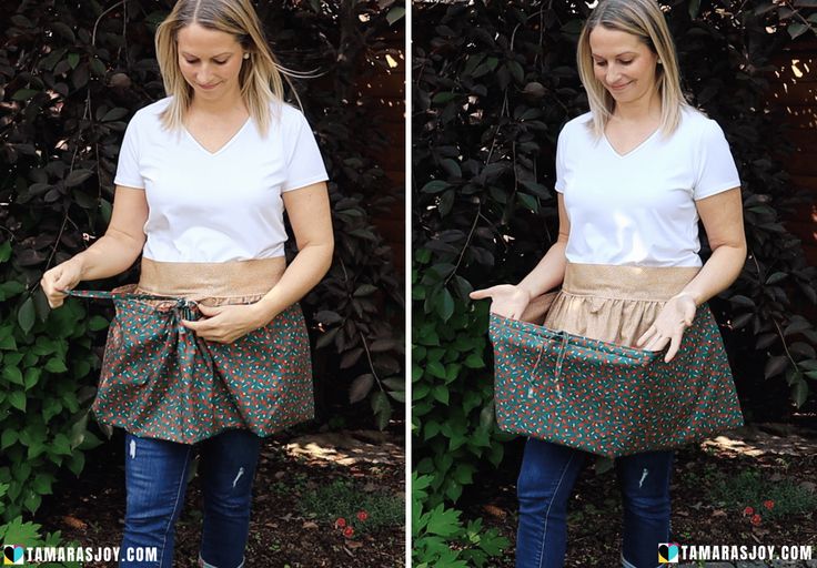 a woman is holding a bag in one hand and the other has an apron on it