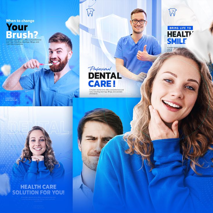 a collage of dental care adverts with smiling people in blue shirts and white teeth