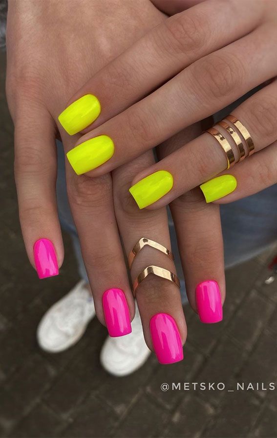 Nails Archives - Page 2 of 93 - Fabmood | Wedding Colors, Wedding Themes, Wedding color palettes Yellow And Pink Nails, Two Color Nails, Different Color Nails, Neon Pink Nails, Neon Acrylic Nails, Colorful Nails, Color Nails, Summer Acrylic Nails, Short Acrylic Nails Designs