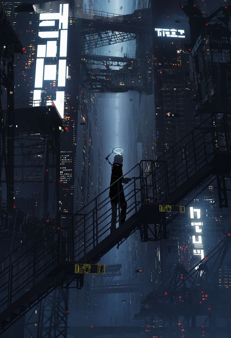 a person standing on top of a metal handrail in the middle of a city at night