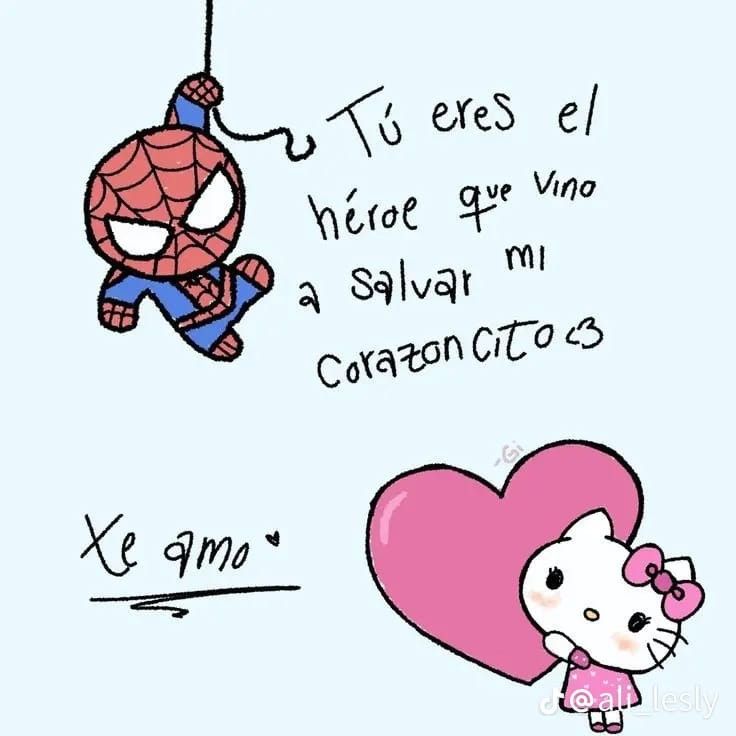 hello kitty and spiderman hanging from a string with the caption's in spanish