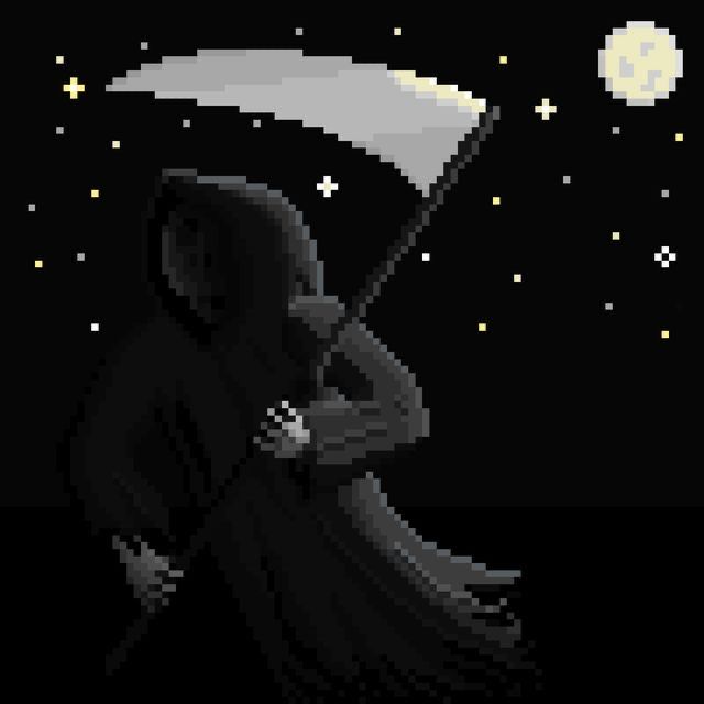 a pixel art image of a person holding an umbrella in the dark with stars and moon behind them