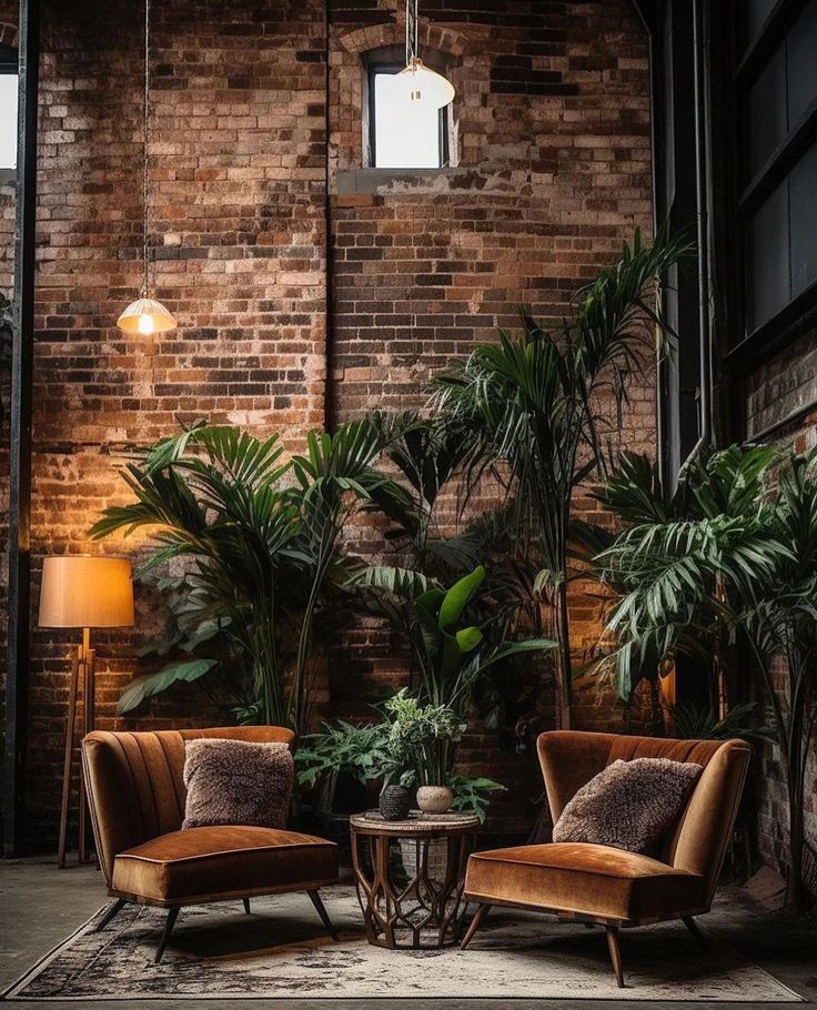 two chairs and a table in front of a brick wall with potted plants on it