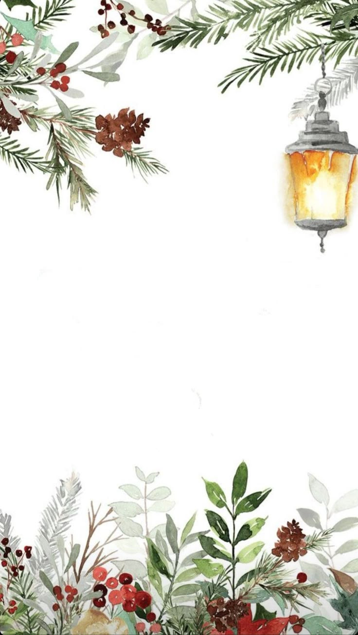 an image of a christmas card with holly and pine cones on it, surrounded by evergreen branches