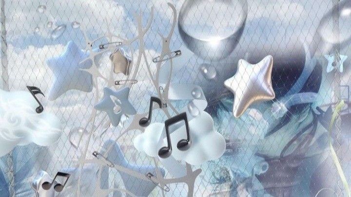 an artistic photo with musical notes and stars in the sky, as well as balloons