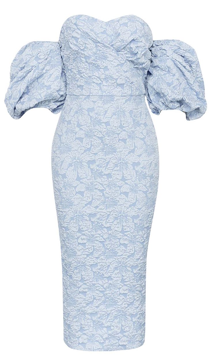 FLORAL-PRINT PUFF SLEEVE MIDI DRESS IN CLEAR SKY Wedding Stand, Flower Midi Dress, Sky Blue Background, Puff Sleeve Midi Dress, Chic And Elegant, Picnic In The Park, Clear Sky, Green Midi Dress, Puffed Sleeves