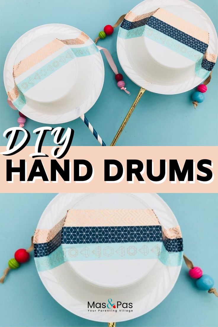 diy hand drums made with paper plates and yarn on the table for kids to play with