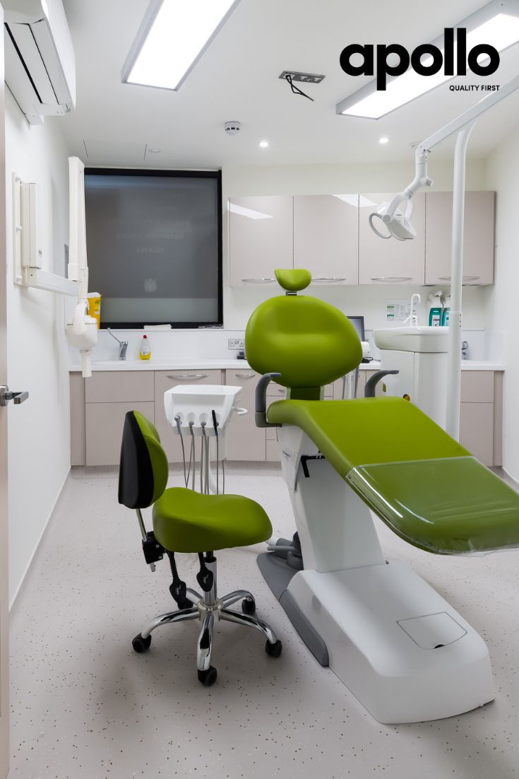 Dental clinic by Apollo Interiors with lime green accents Dental Room, Medical Clinic Design, Dentist Office Design, Dentist Clinic, Dental Office Design Interiors, Clinic Interior, Dental Office Decor, Office Interior Design Modern, Dental Design