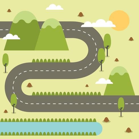 an illustration of a winding road with trees on both sides