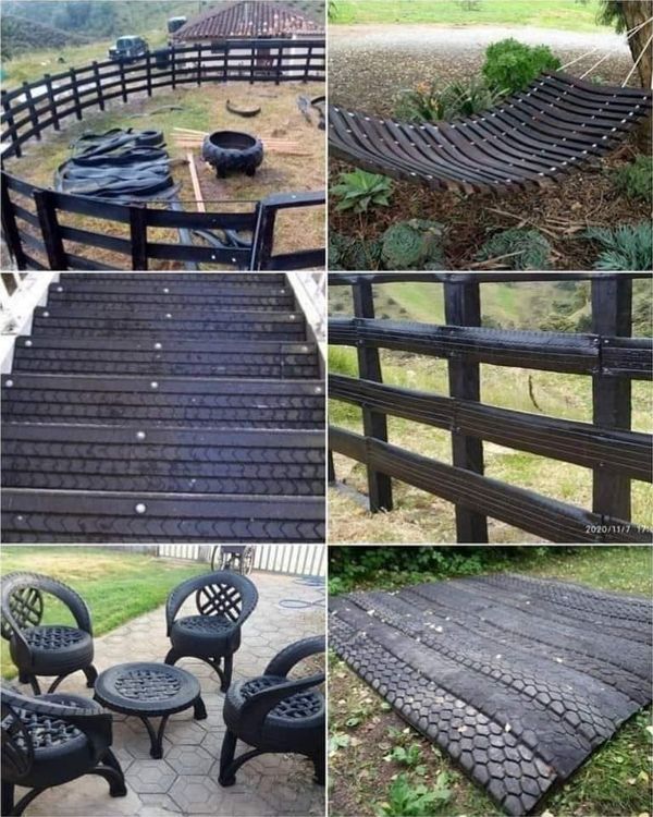 several pictures of different types of benches and tables in various stages of being used to create an outdoor seating area