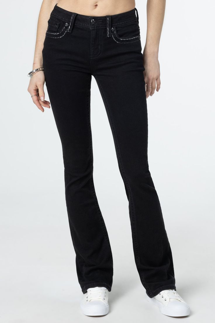 Mid-rise, black bootcut jeans- Border stitch with black and silver embroidery detail on faux back pockets- Black rhinestone rivets- Embossed black leather M logo brand patch- 5-pocket design Model is wearing size: 25 Model Measurements:Height: 5'10"Bust: 32"Waist: 25.5"Hips: 36" Fabric Content: 70% Cotton, 8% Viscose, 20% Polyester, 2% Elastane Care: Gentle machine wash inside-out with like colors in cold water. Tumble dry low. Style No. M5014B402-B01, M5014B402S-B01, & M5014B402V-B01 Tvd Clothes, Bootcut Jeans For Women, Border Stitch, Black Bootcut Jeans, Silver Embroidery, M Logo, Digital Closet, Studded Denim, Oval Nails