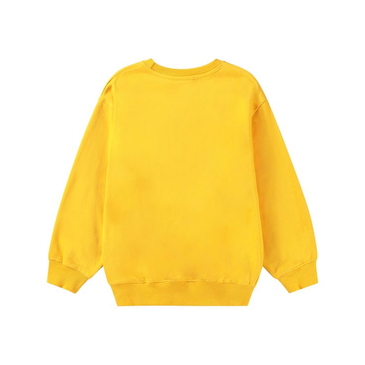 Yellow sweatshirt in 100% organic cotton with a brushed inner face, making it soft and warm to wear. The sweatshirt has a regular fit, a round neckline, ribbed edges, and a printed design on the front featuring a large smiling pixel face that blinks. Yellow Oversized Sweatshirt For Loungewear, Oversized Yellow Sweatshirt For Loungewear, Yellow Long Sleeve Sweater For Streetwear, Yellow Long Sleeve Sweater With Ribbed Cuffs, Oversized Yellow Crew Neck Sweatshirt, Solid Color Sweatshirt With Ribbed Neckline, Basic Long Sleeve Sweats With Ribbed Collar, Yellow Cotton Tops With Ribbed Cuffs, Yellow Long Sleeve Relaxed Fit Sweatshirt