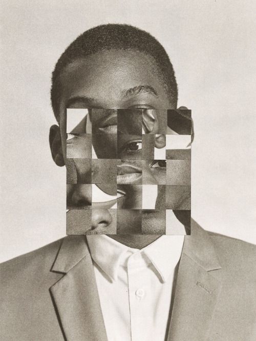 a man in a suit and tie with multiple squares over his face to make the image look like he is looking at something