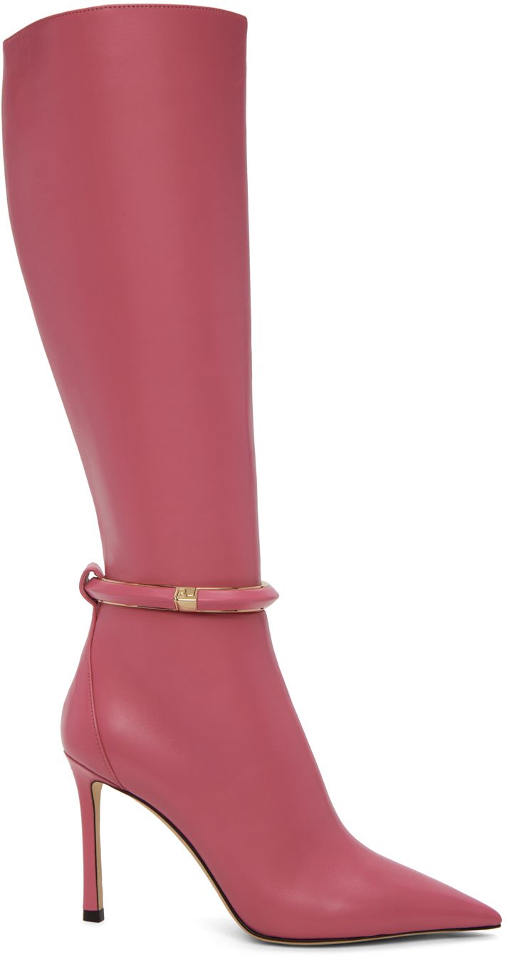 Knee-high nappa leather boots in pink. · Pointed toe · Detachable metal anklet · Zip closure at inner side · Buffed leather lining · Covered stiletto heel · Rubber injections at leather sole · Heel: H3.5 in Supplier color: Candy pink Jimmy Choo Pink Bow Heels, Pink Bow Heels, Pink Knee High Boots, Pretty Boots, Dope Clothes, Color Candy, Pink High Heels, Denim Boots, Pink Boots