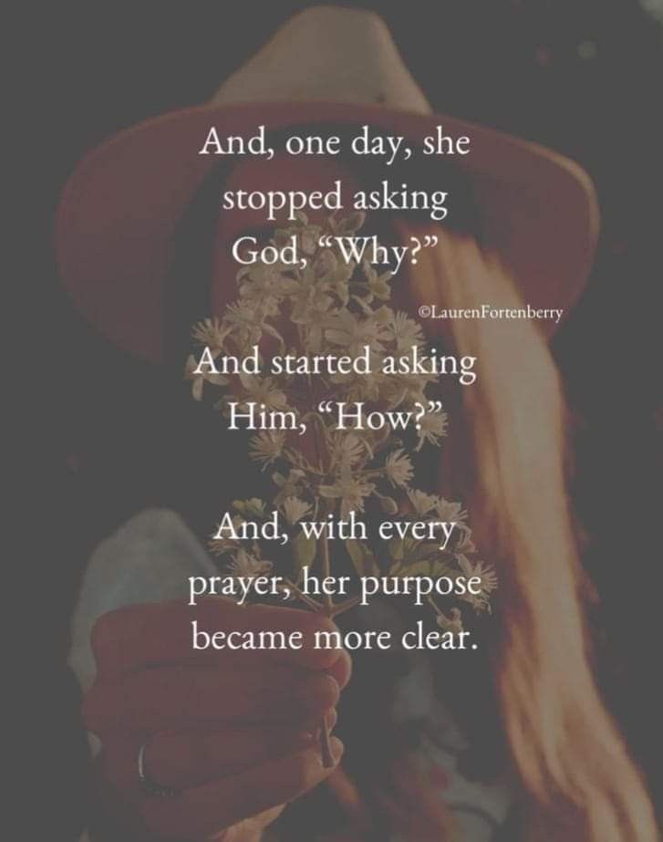 a woman in a hat holding a flower with the words, and one day she stopped asking god why?