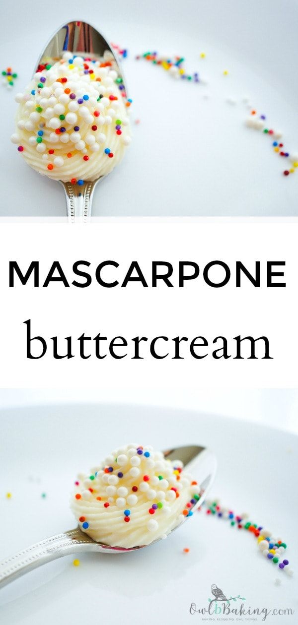 a spoon full of whipped cream with sprinkles on it and the words mascarpone buttercream