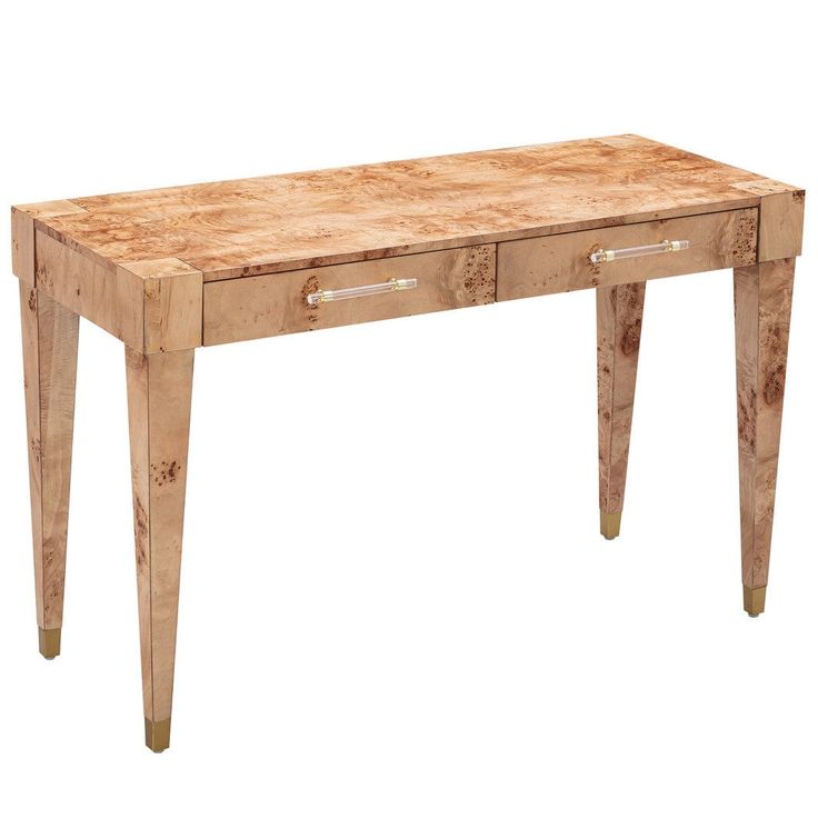 a wooden table with two drawers on one side and three legs at the other end