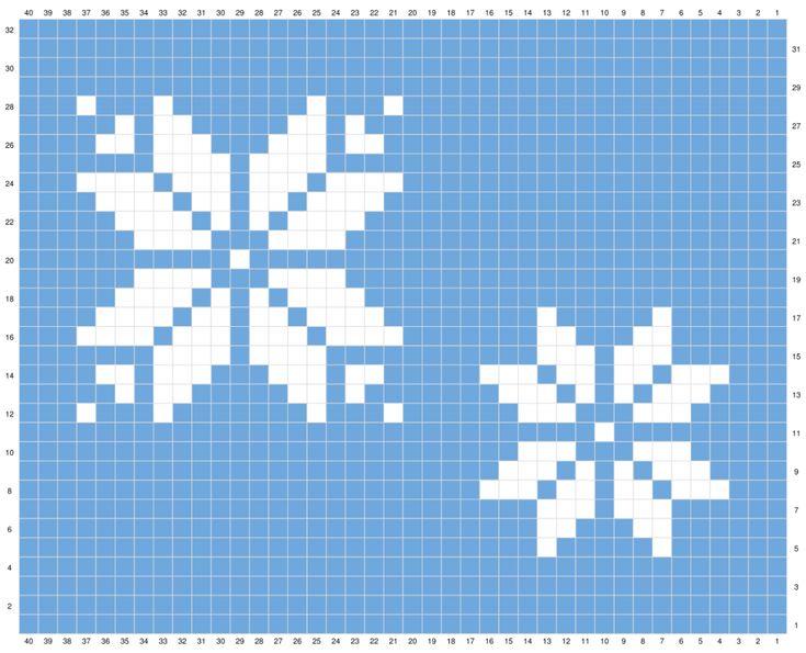 a cross stitch pattern with white snowflakes on a blue gridded background in the shape of squares