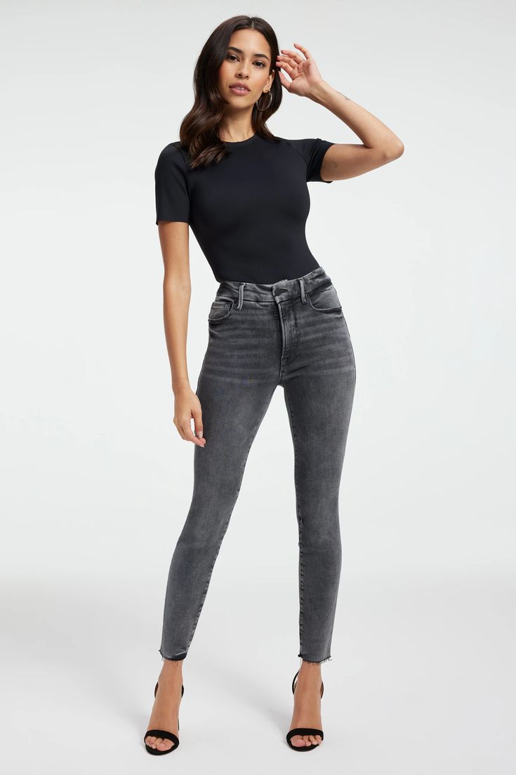 GOOD LEGS CROPPED JEANS| BLACK215 – GOOD AMERICAN Dark Grey Jeans Outfit, Grey Jeans Outfit, Dark Grey Jeans, Pull On Jeans, Jeans Outfit, Grey Jeans, Crop Jeans, Good American, Denim Wash