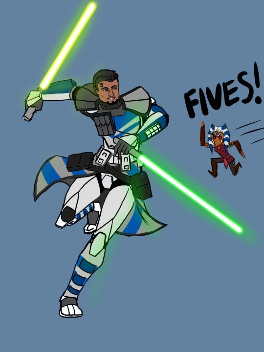 an animated star wars character with lightsabes in his hand and the words five on it