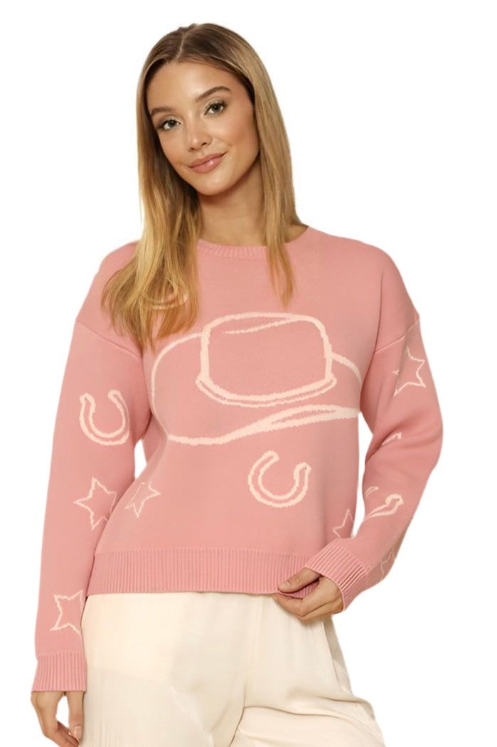 DESCRIPTION: Experience the ultimate in western style with our Cowgirl Sweater. Featuring a beautiful pink color and traditional western design, this versatile sweater adds a touch of charm to any outfit. Don't miss your chance to add this comfortable and chic piece to your wardrobe - limited inventory available, so add it to your cart now! PRODUCT DESCRIPTION AND MATERIALS: western design crewneck relaxed and comfortable fit polyester, acrylic blend, soft SIZE RECOMMENDATIONS: True to size with Long Sleeve Tops For Rodeo In Winter, Pink Western Tops For Spring, Western Pink Tops For Spring, Pink Western Style Spring Tops, Western Style Pink Tops For Spring, Casual Pink Tops For Rodeo, Western Style Long Sleeve Pink Tops, Dingo Boots, Versatile Sweater