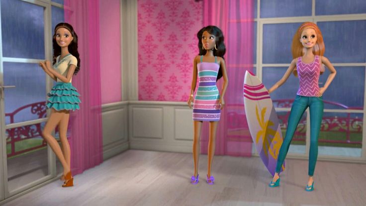 three barbie dolls are standing in a pink room