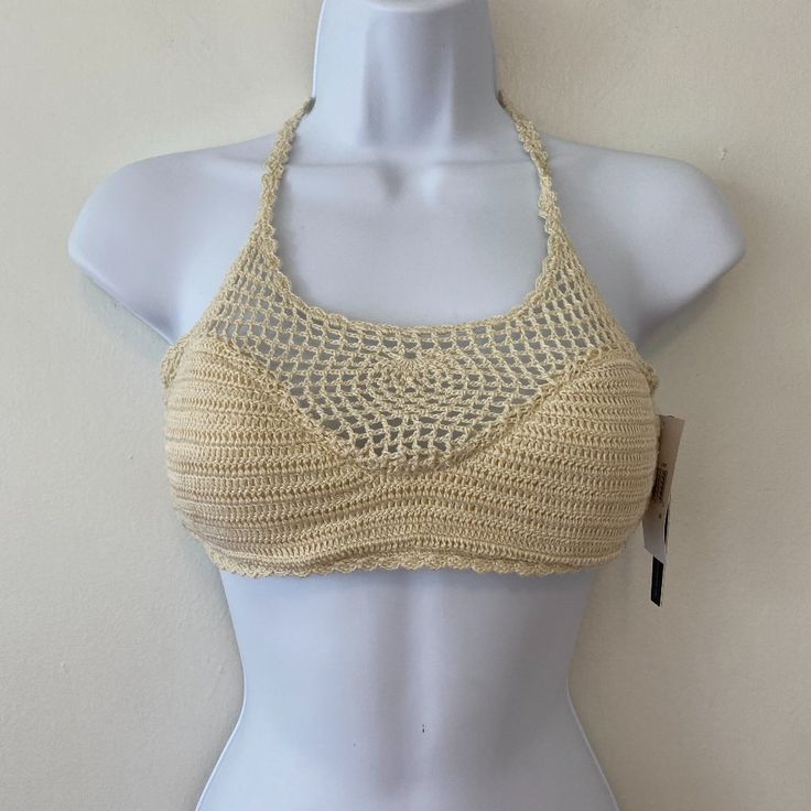 Ivory Crochet Halter Tie Top Check Out My Store For More Mix & Match Bikini Options! Fitted Beige Crochet Halter Neck Top, Beige Fitted Halter Neck Crochet Top, Beige Triangle Top Halter For Beach, Beige Triangle Halter Top For Beach, Beige Triangle Halter Top For Vacation, Fitted Triangle Beige Crop Top, Beige Halter Neck Crochet Top For Summer, Summer Beige Crochet Halter Neck Top, Fitted Beige Triangle Crop Top