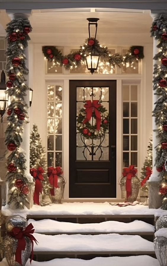 a front porch decorated for christmas with wreaths and lights