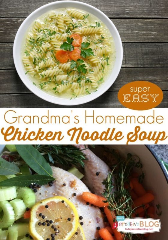 grandma's homemade chicken noodle soup with carrots, celery and lemon