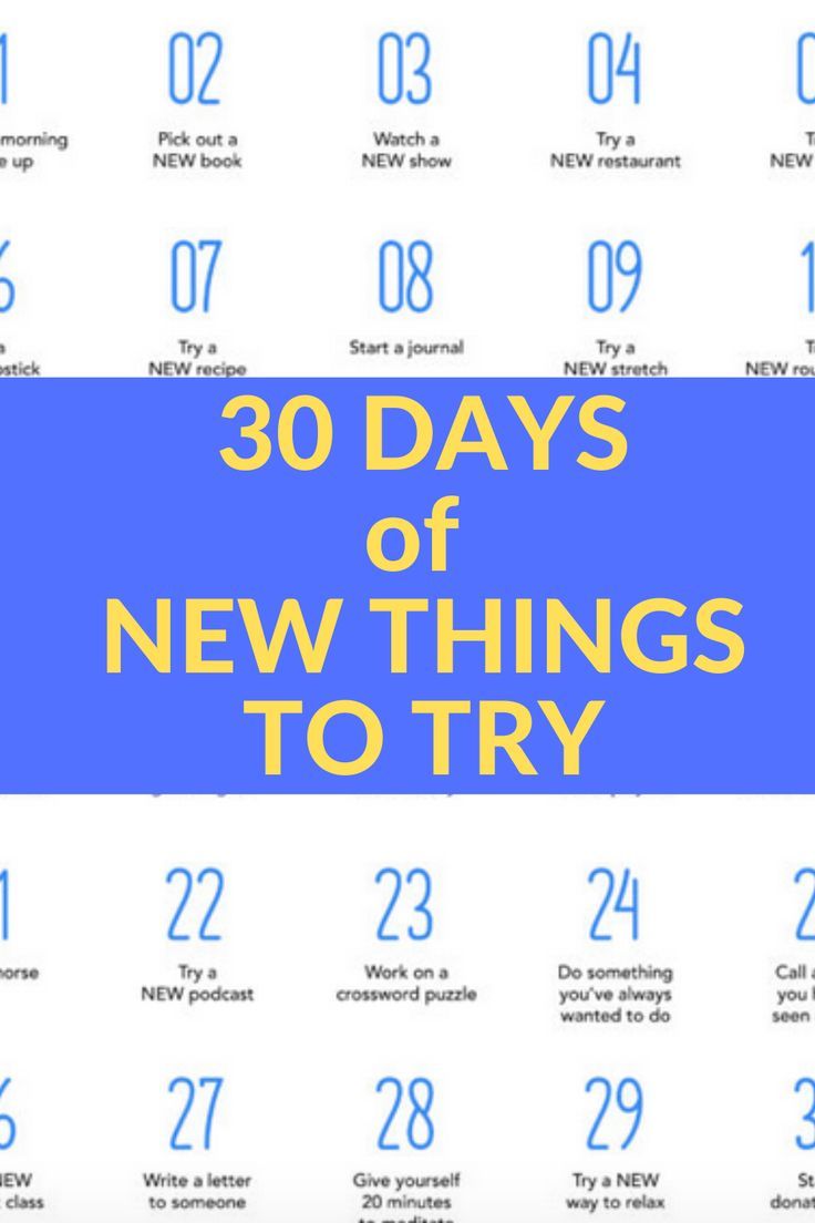 the 30 days of new things to try calendar with blue and yellow numbers on it