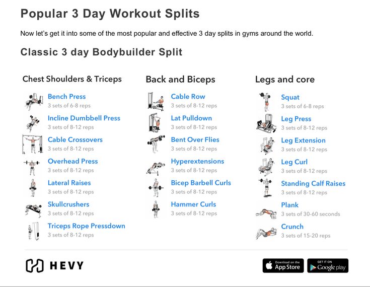 the popular 3 day workout splits is shown in this screenshote screen graber