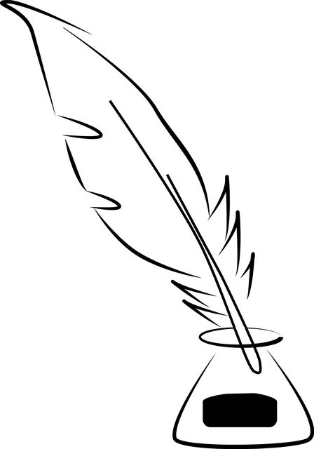 a feather quill sitting on top of a glass vase filled with water and ink