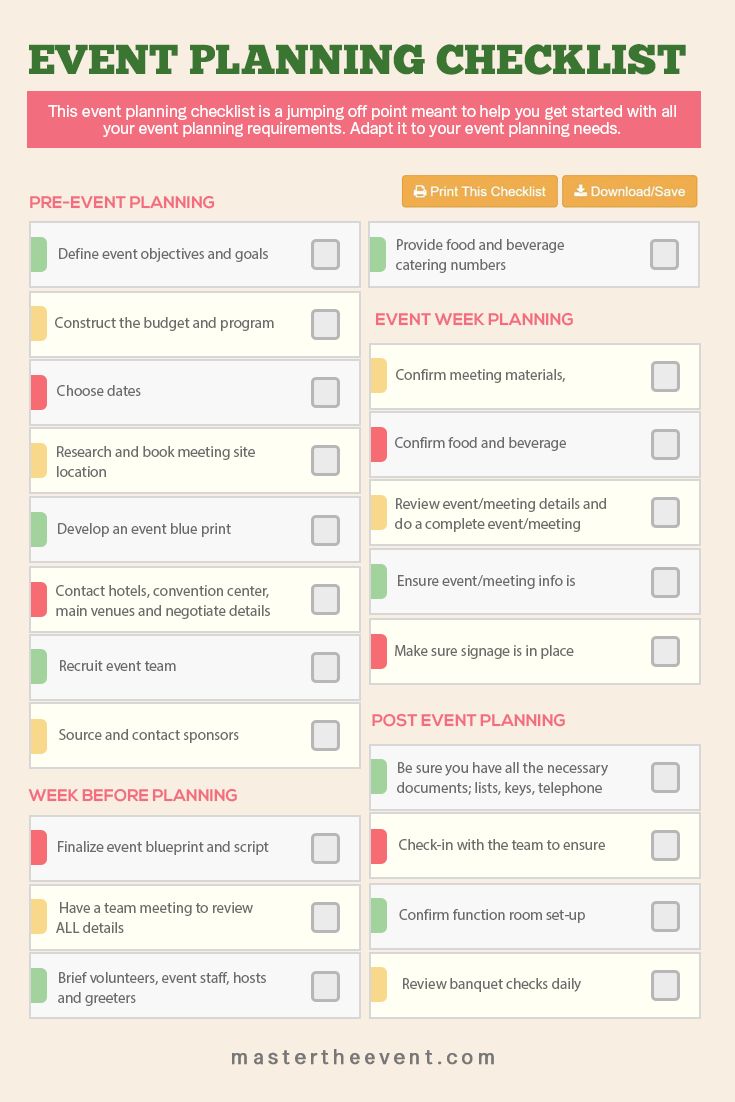 the event planning checklist is shown in red and green, with text on it