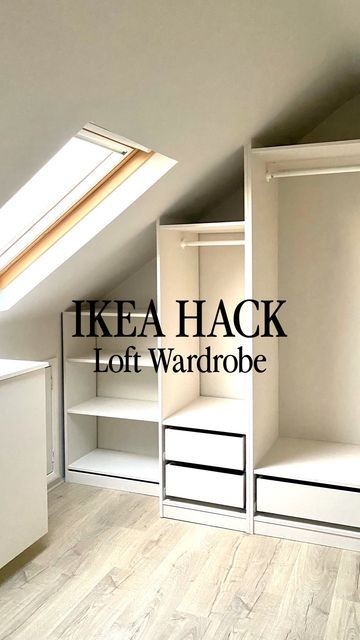 an attic bedroom with loft wardrobes and skylight