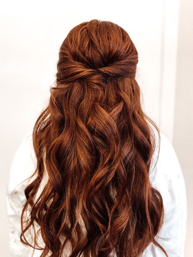 Prom Hairstyles Half Up Half Down Red Hair, Half Up Half Down Bridesmaid Hair With Bangs, Auburn Hair Half Up Half Down, Bridesmaid Hairstyles Red Hair, Wedding Hairstyles For Red Hair, Half Up Half Down Wedding Hair Red, Ginger Bridal Hair, Renfair Hair, Half Up Half Down Red Hair