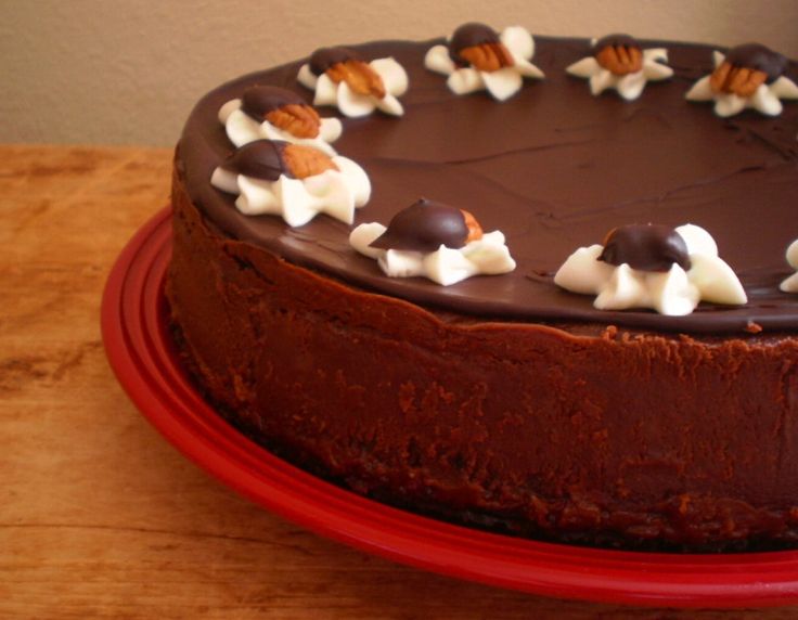 a chocolate cake on a red plate with white frosting and pecans around it