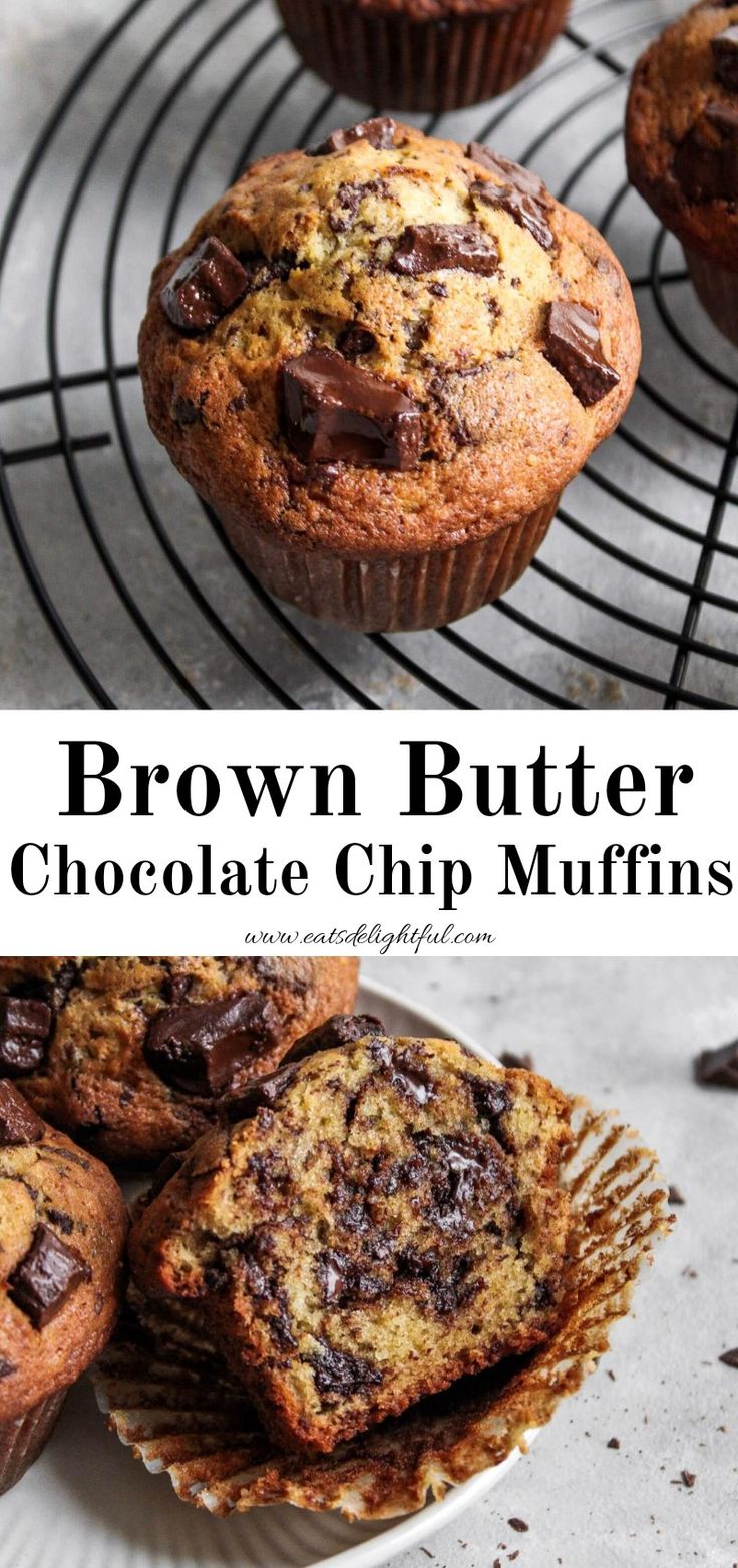 2 stacked images separated by text reading "brown butter chocolate chip muffins": top image shows muffins on wire rack and bottom image shows muffins in plate with one sliced in half Muffin Recipes Unique, Fun Muffin Flavors, Brown Butter Muffins, Best Jumbo Muffin Recipes, Brown Butter Chocolate Chip Muffins, Big Batch Muffin Recipes, Award Winning Muffins, Unusual Muffin Recipes, Super Moist Muffins