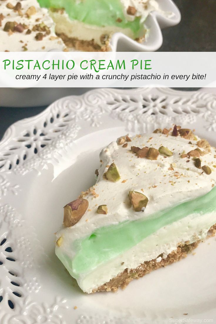 a piece of pistachio cream pie on a white plate